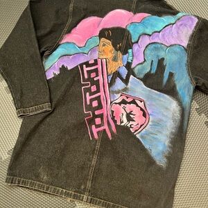 Hand-Painted Denim Jacket with Colorful Indian Design